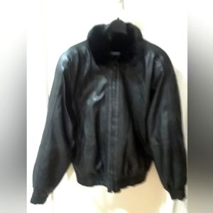 Men's reversible black leather and mink bomber jacket